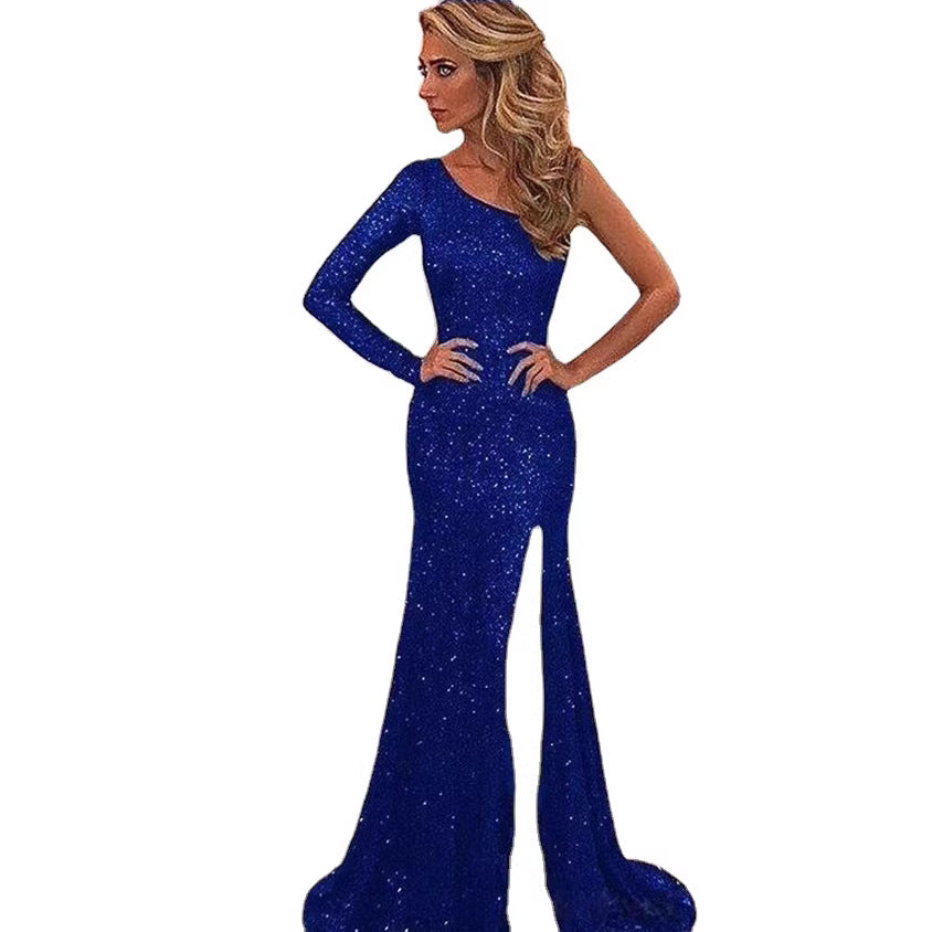 Damen Abendkleid Glitzernd Asymmetrisch Hoch Beinschlitz