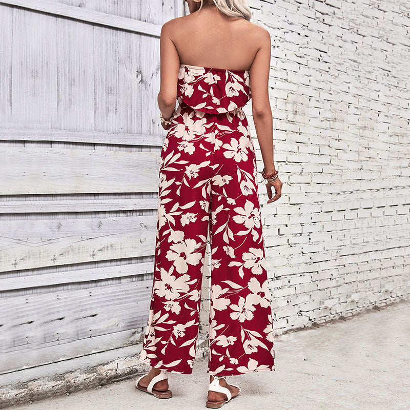 Damen Jumpsuit Florale Rüschen Atmungsaktives Material Weiß
