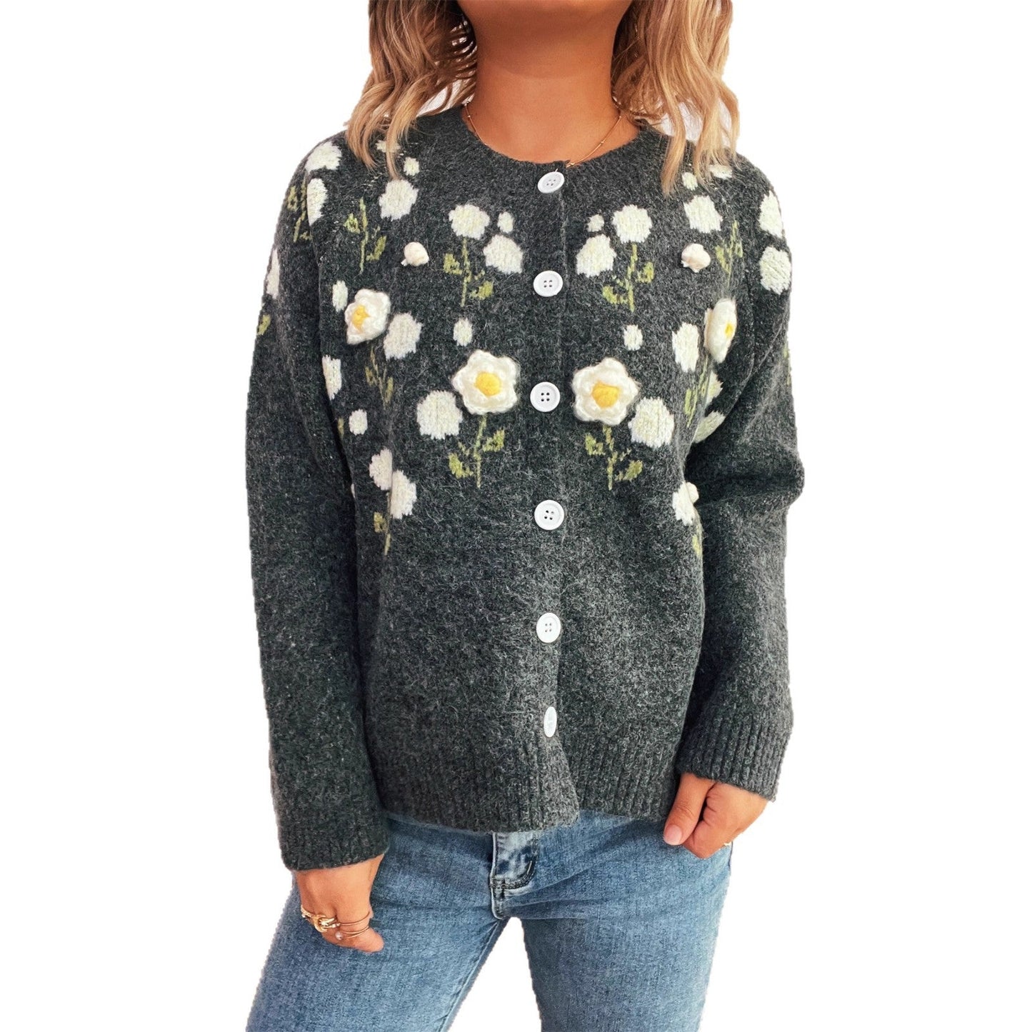Damen Strickjacke Florale Applikationen Knopfverschluss