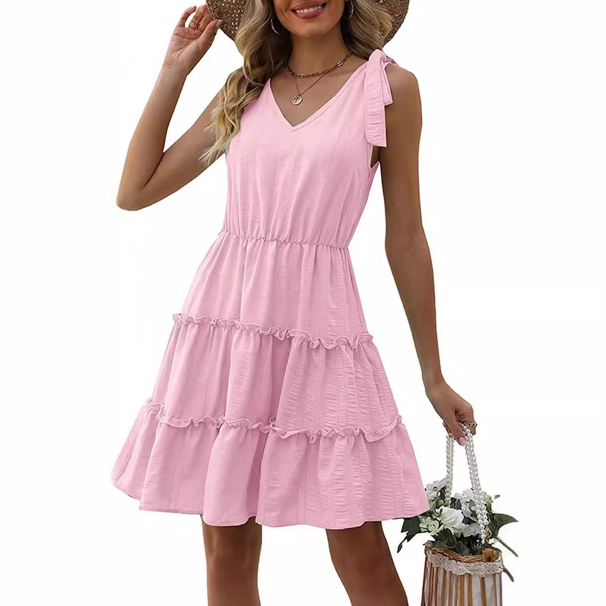 Damen Ärmelloses Sommerkleid Rüschen V-Ausschnitt Eveloria - Eveloria