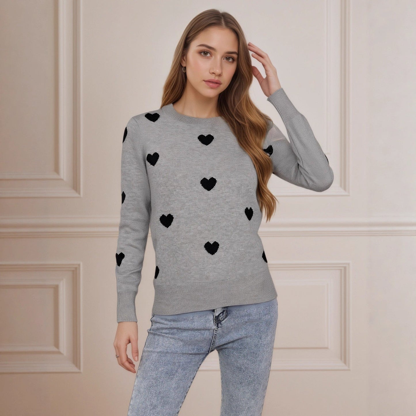 Damen Strickpullover Herz-Design Feine Struktur