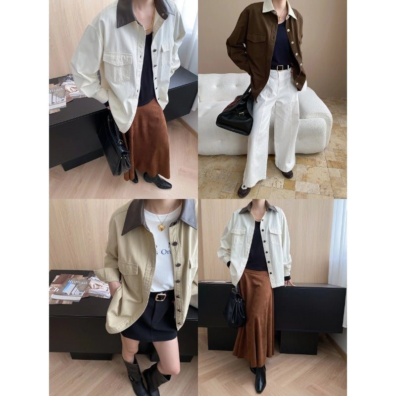 Damen Utility-Hemdjacke Kontrastkragen Praktische Taschen