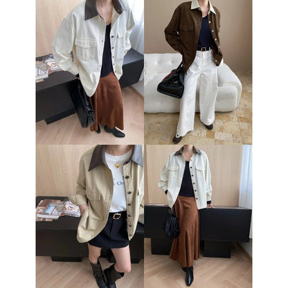 Damen Utility-Hemdjacke Kontrastkragen Praktische Taschen