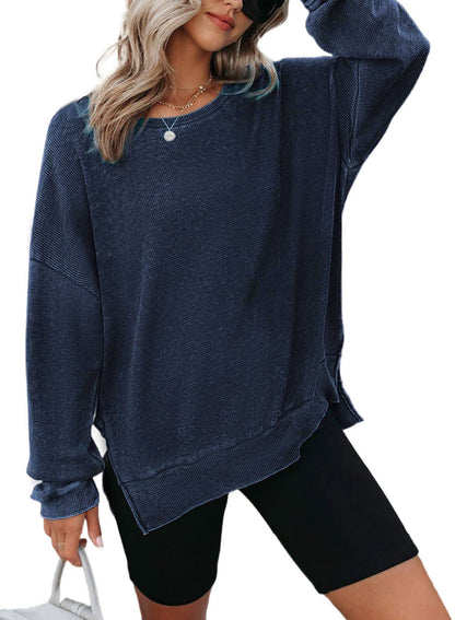Damen Waffelpullover Lässig Mit Seitenschlitzen Grau Eveloria
