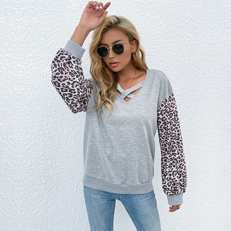 Damen Pullover Animal-Print Ärmel V-Ausschnitt - Eveloria