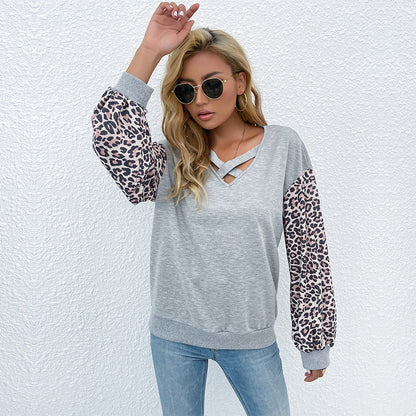 Damen Pullover Animal-Print Ärmel V-Ausschnitt - Eveloria