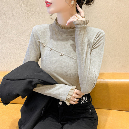 Damen Longsleeve-Shirt Dekorativ Knöpfe Raffungen Eveloria