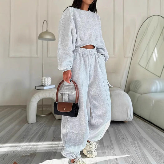 Damen Oversized Sweatanzug Hochbündig Mit Taschen Grau Eveloria - Eveloria