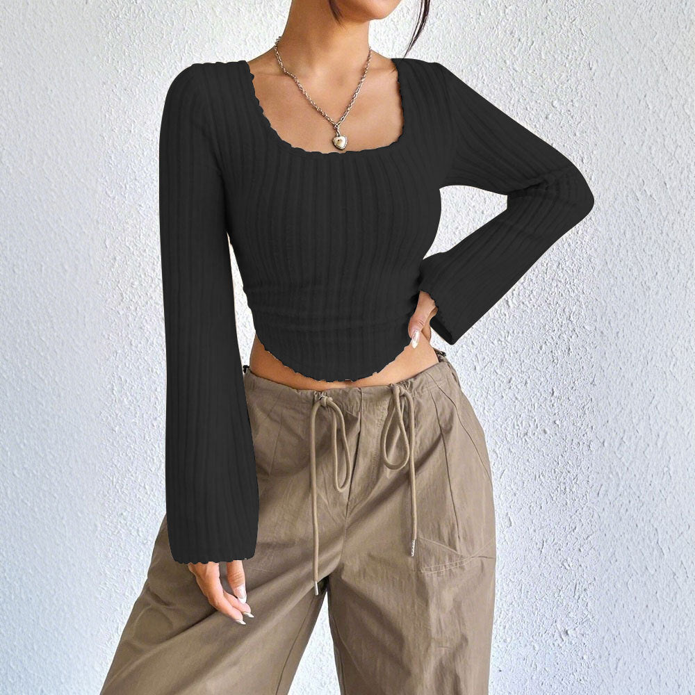 Damen Langarm Crop Rippdesign Abgerundeter Saum Eveloria