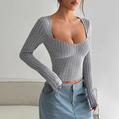 Damen Langarm Crop- Rippstruktur V-Ausschnitt Eveloria