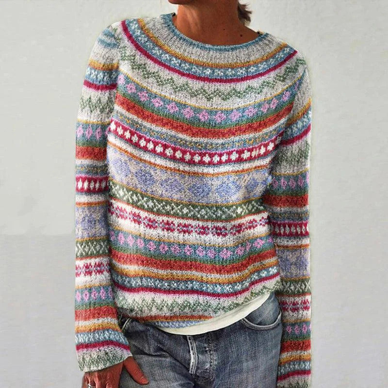 Damen Strickpullover Bunt Muster Lässig Eveloria