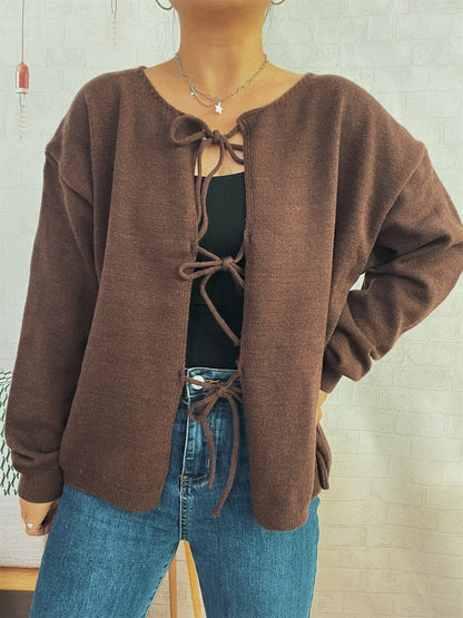 Damen Strickcardigan Lässig Kordelzug Offene Vorderseite Beige