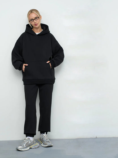 Damen Sweat-Set mit Kapuze Weites Cut Grau Eveloria