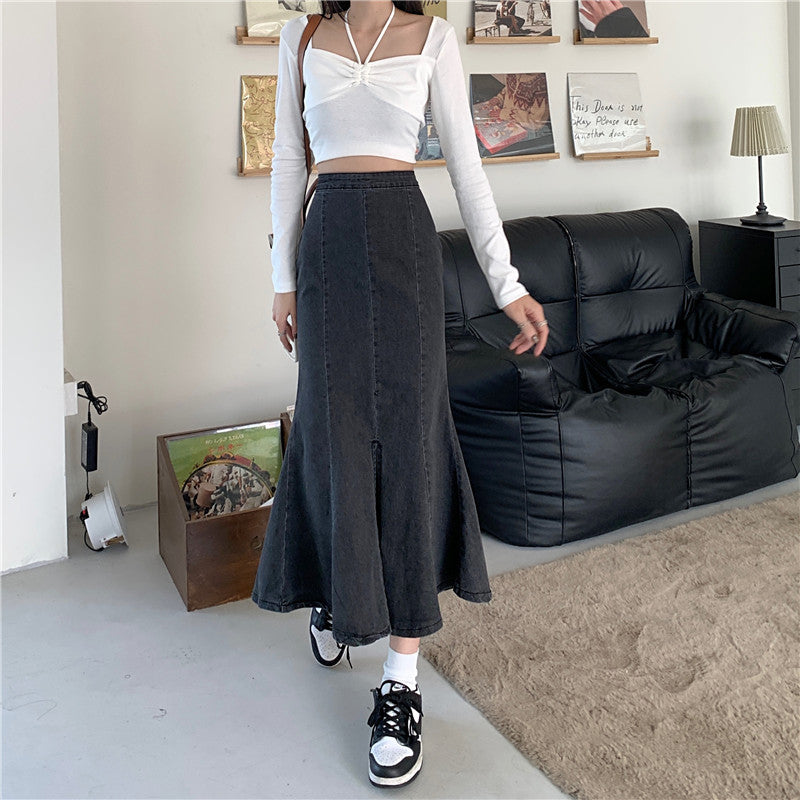 Damen Denim-Rock Flared mit hohem Schlitz Eveloria