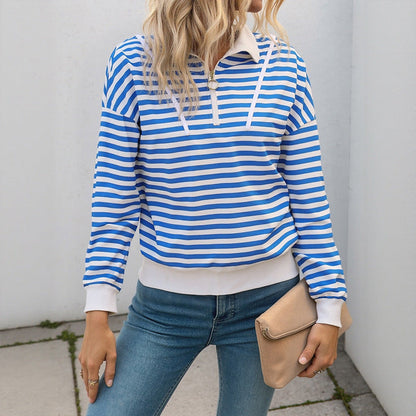 Damen Sweatshirt Gestreift Kapuze Sportkragen Grau