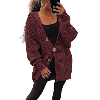 Damen Oversize Strickjacke Grobstrick Weich Holzknöpfe Beige