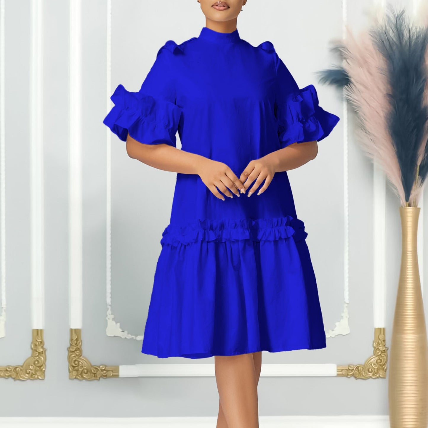Damen Midikleid Voluminöse Rüschenärmel Stehkragen Elegant