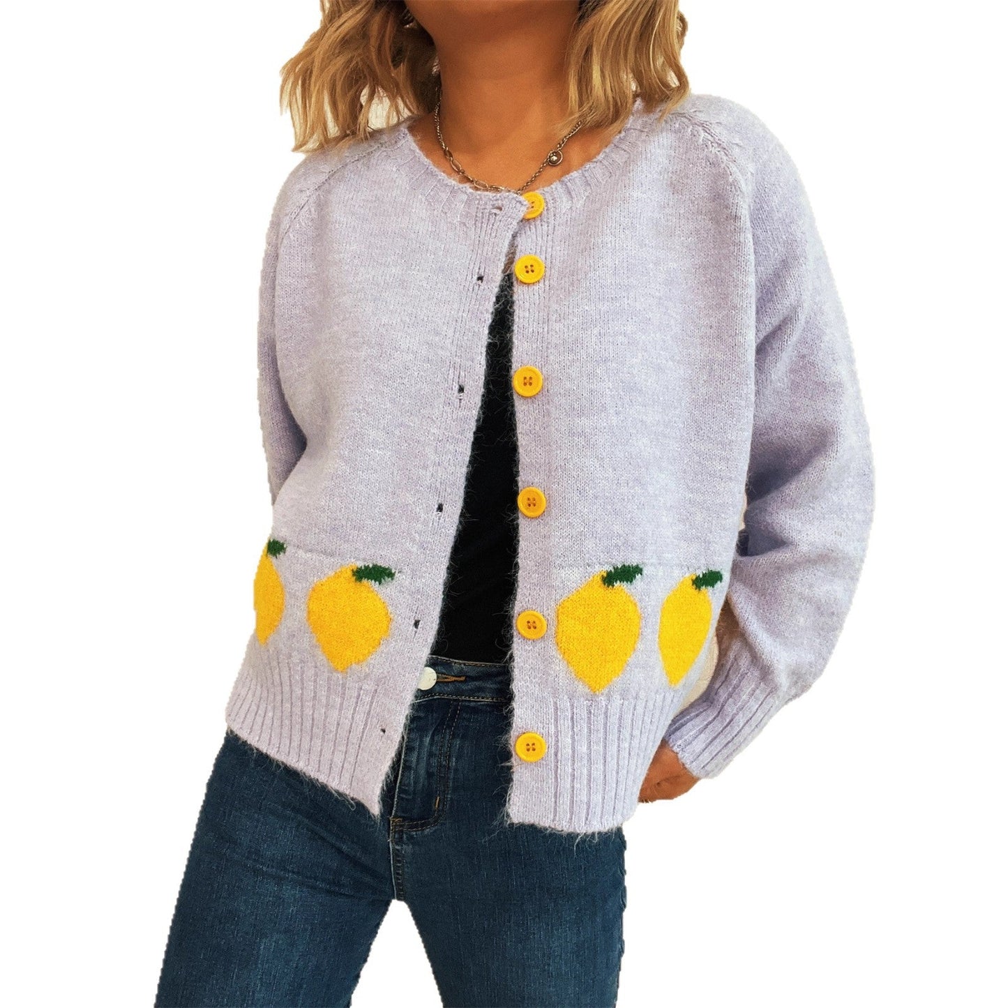 Damen Strickjacke Zitronen-Motiv Bunt Knöpfe Eveloria