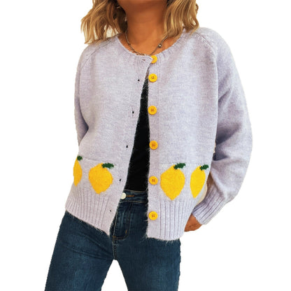 Damen Strickjacke Zitronen-Motiv Bunt Knöpfe Eveloria