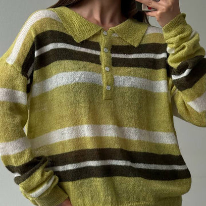 Damen Pullover Grob gestrickt Polo-Kragen Blockstreifen - Eveloria