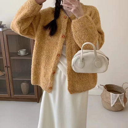Damen Strickjacke Kuschelig Weit Knöpfe Beige