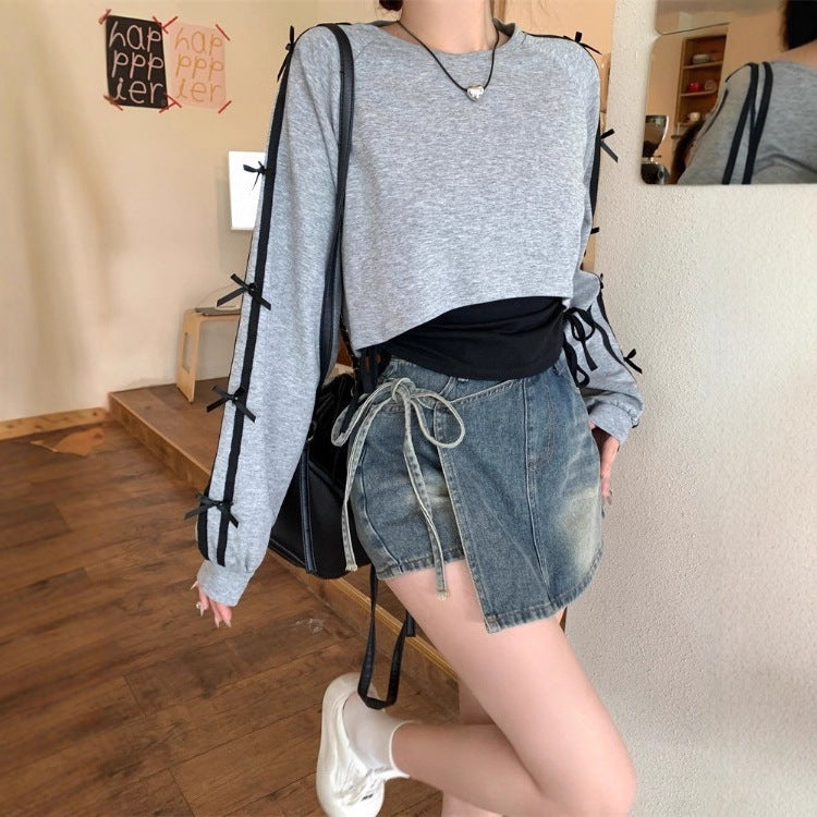 Damen Sweatshirt Cropped mit Schnürung Beige