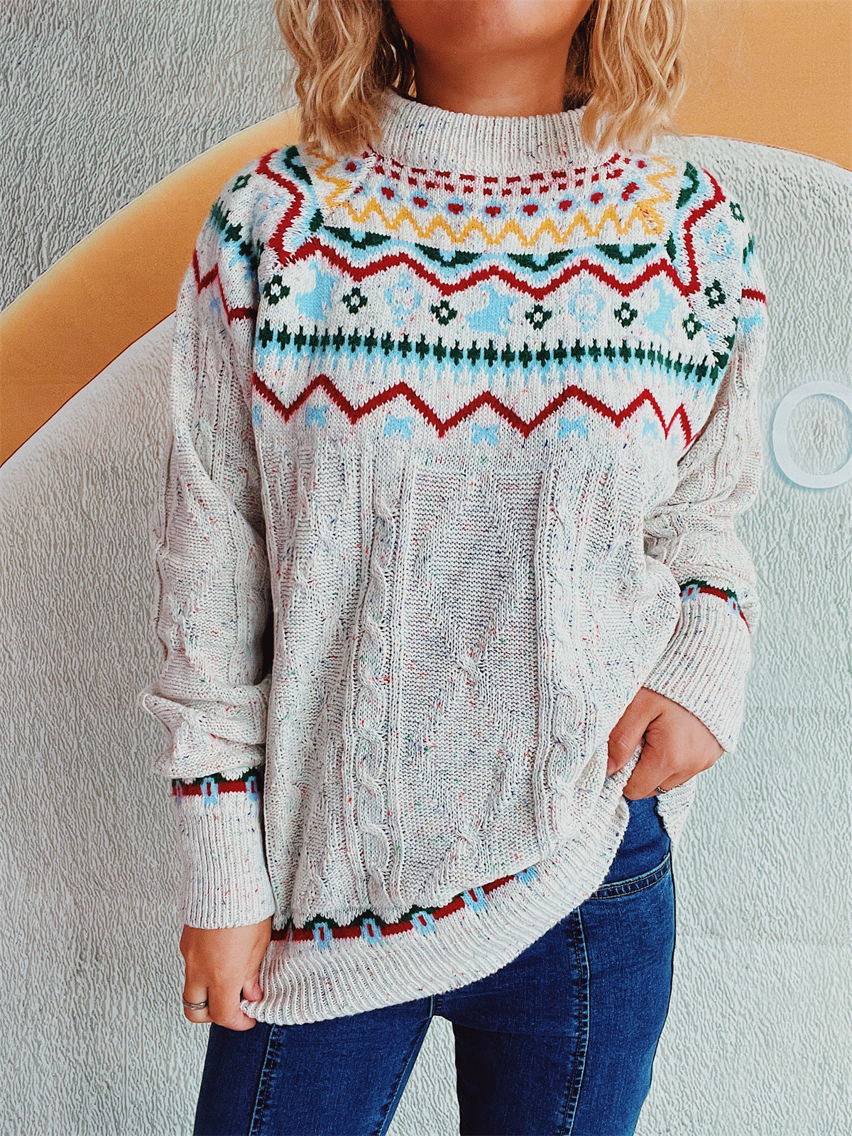 Damen Strickpullover Hochgeschlossener Kragen Grafisches Design