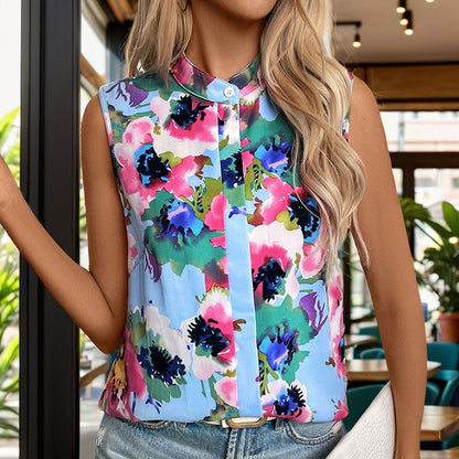 Damen Ärmellose Bluse Florales Design Stehkragen