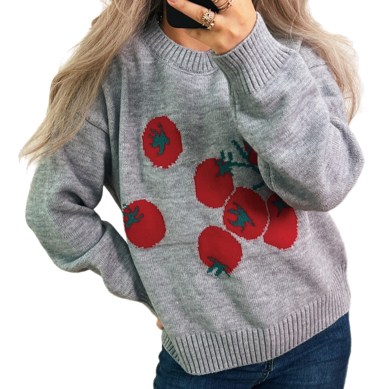 Damen Strickpullover Tomatenmuster Lässig