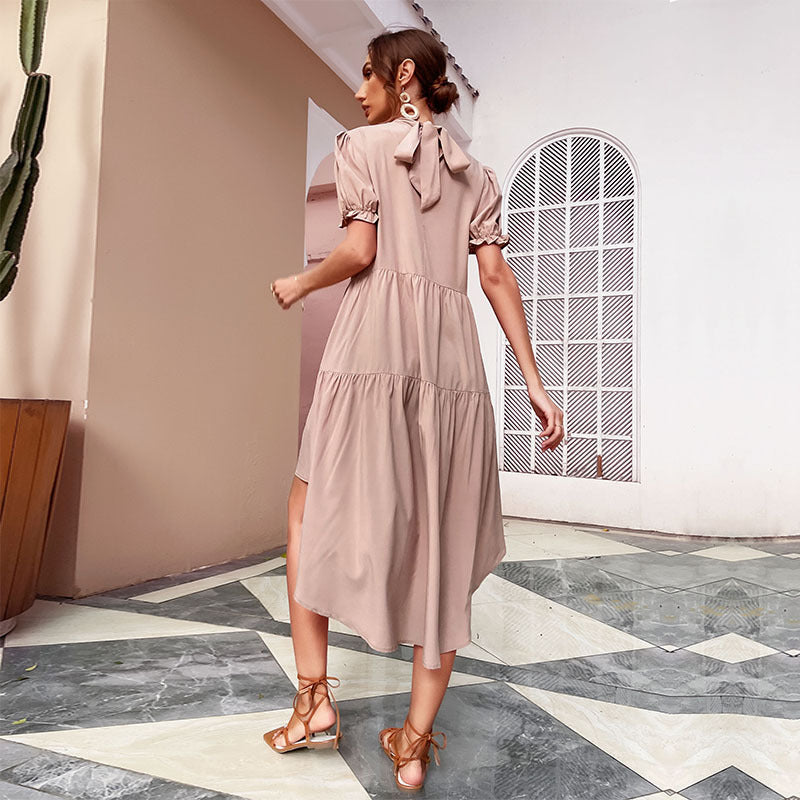 Damen Sommerkleid Puffärmel Asymmetrisch