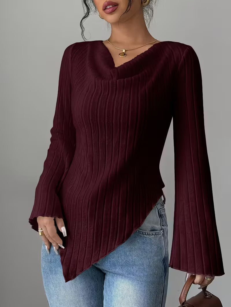 Damen Oberteil Langärmlig Asymmetrisch Rippdesign Eveloria