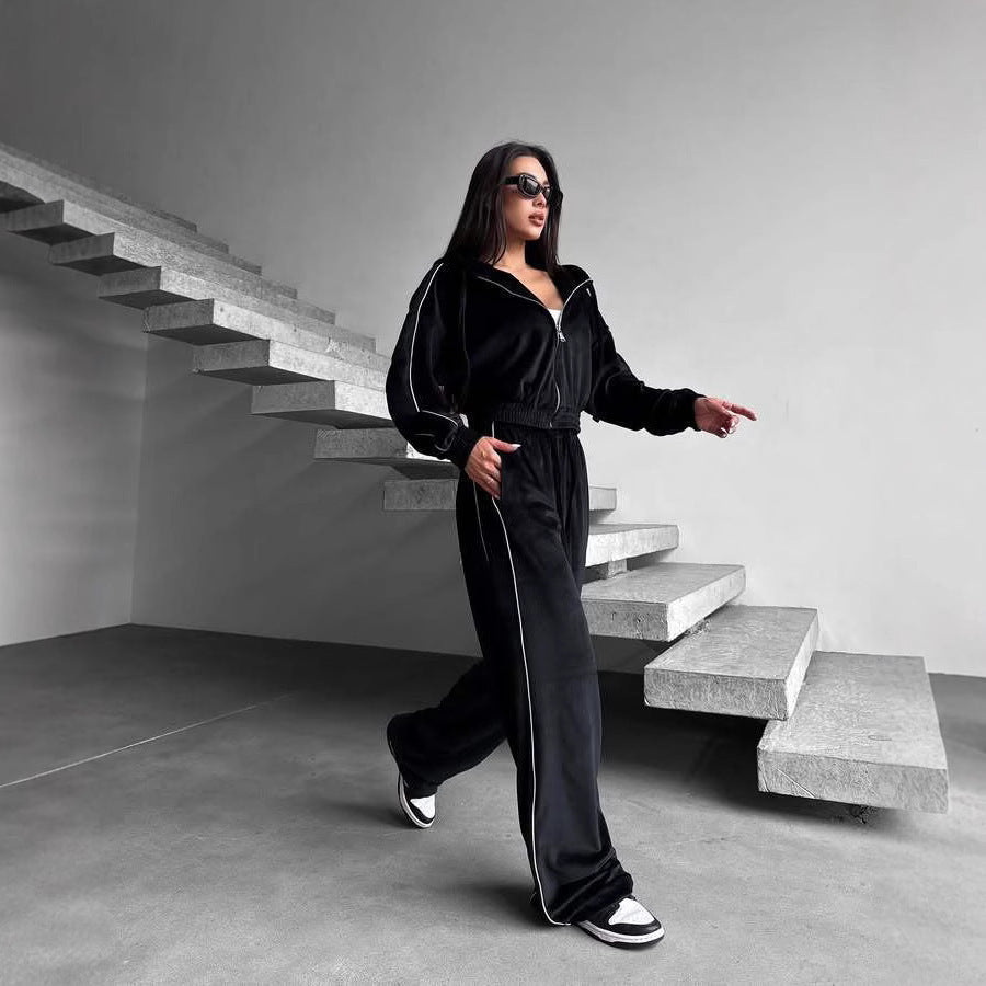 Damen Fleece-Jogginganzug Kapuze Kontrastpaspel Grau - Eveloria
