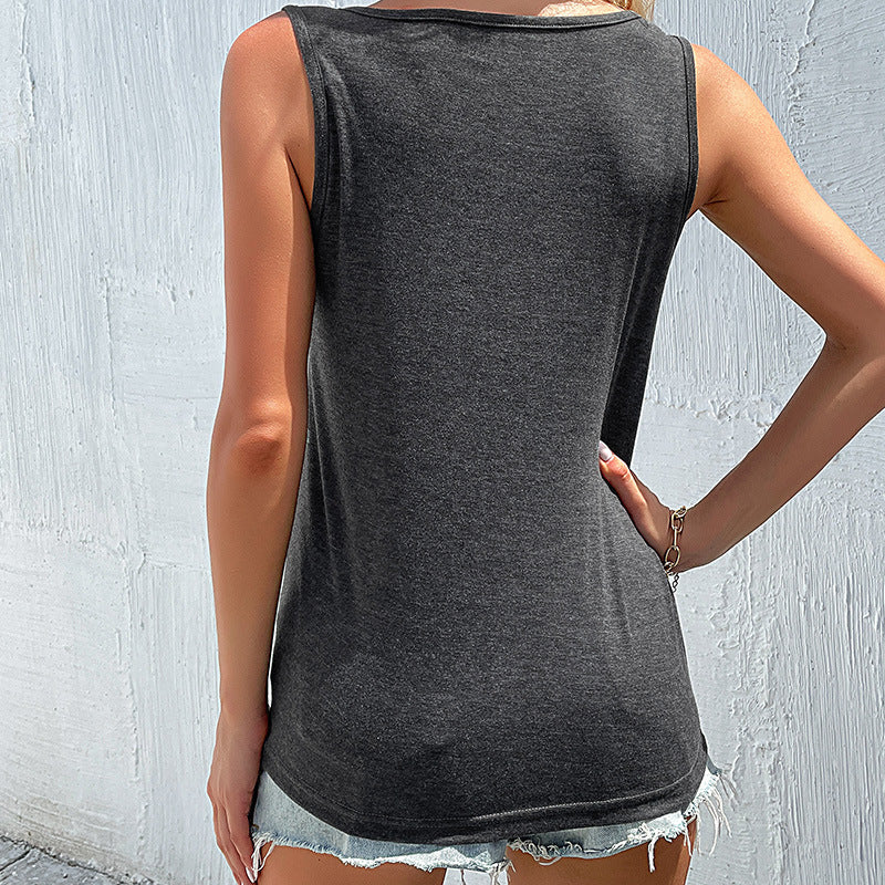 Damen Ärmelloses T-Shirt Asymmetrisch Knopfdetails Weiß Eveloria