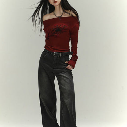 Damen Langarmshirt Asymmetrischer Ausschnitt Grafikdruck Eveloria