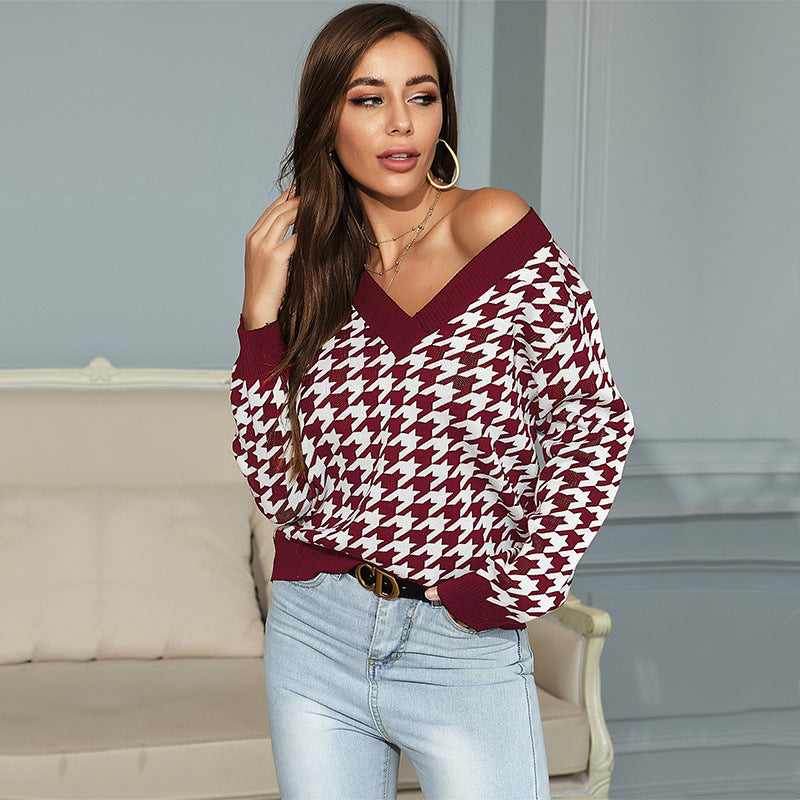 Damen Pullover V-Ausschnitt Hahnentrittmuster Eveloria - Eveloria