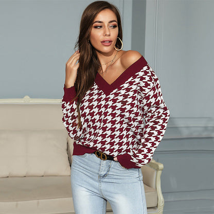 Damen Pullover V-Ausschnitt Hahnentrittmuster Eveloria - Eveloria