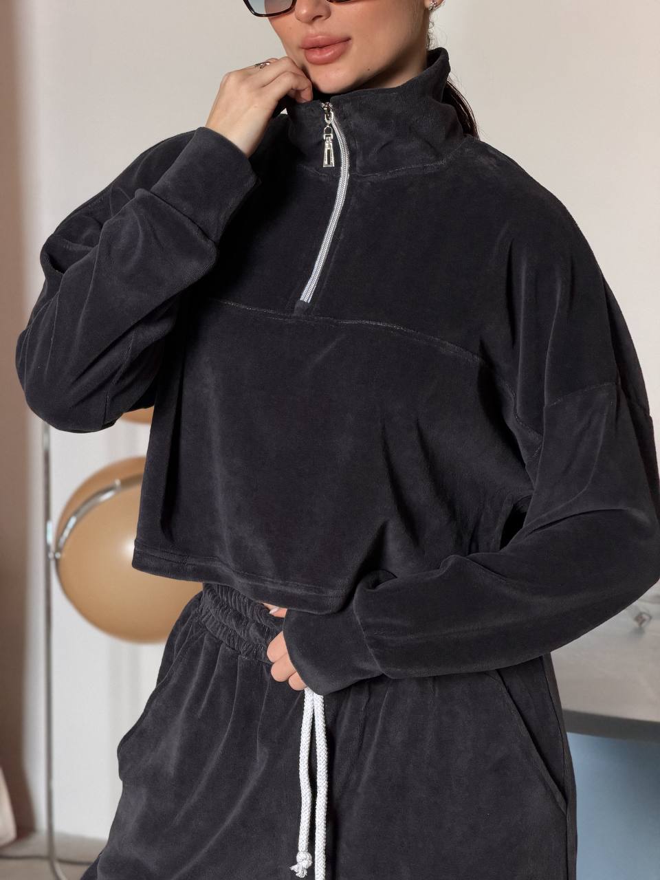 Damen Cropped Sweatshirt Halbzipper Weite Hose Eveloria