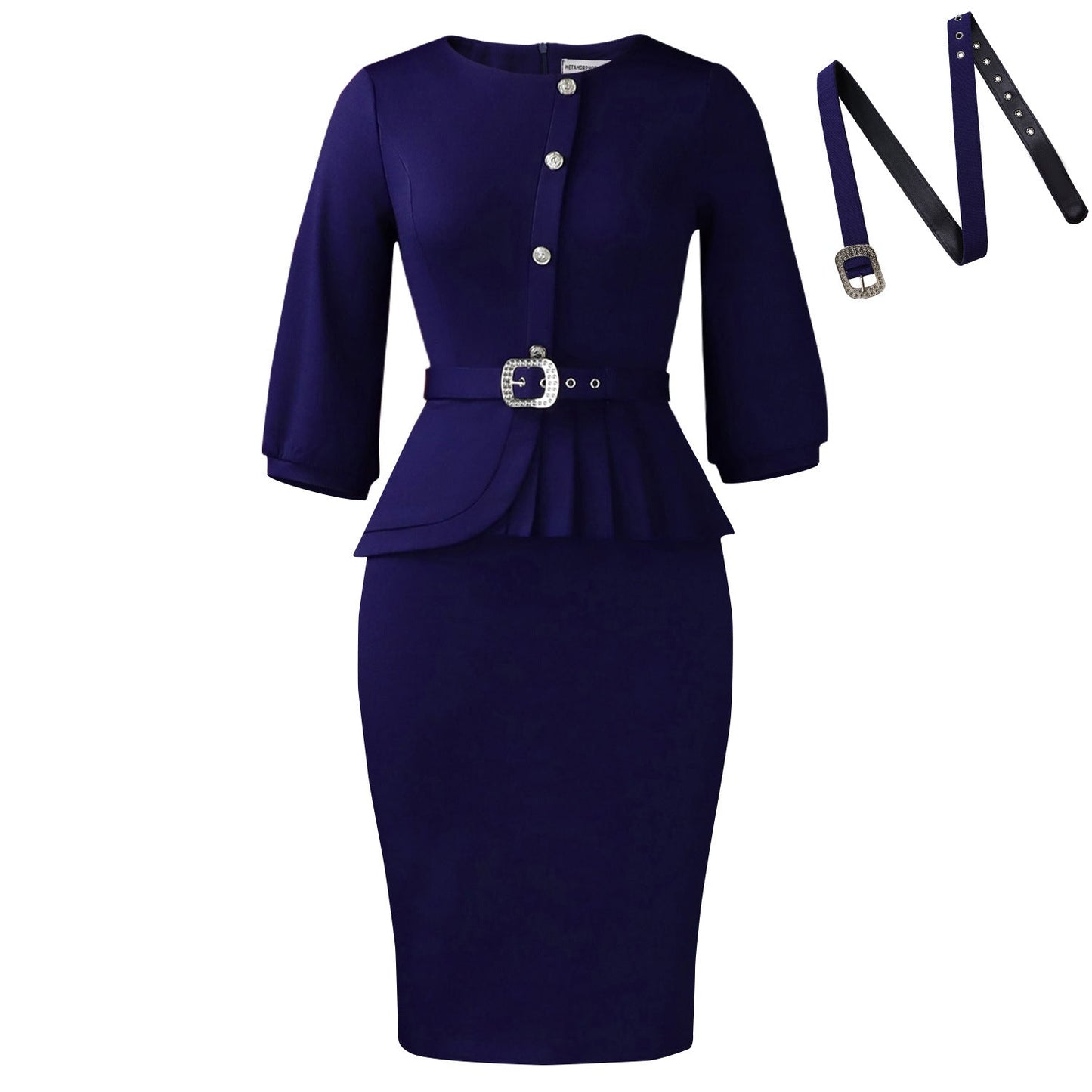 Damen Etuikleid Taillierter Gürtel Peplum Saum Eveloria