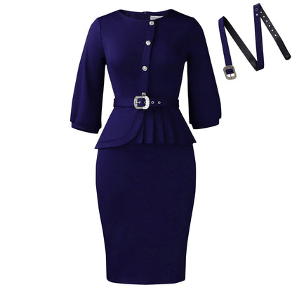 Damen Etuikleid Taillierter Gürtel Peplum Saum Eveloria