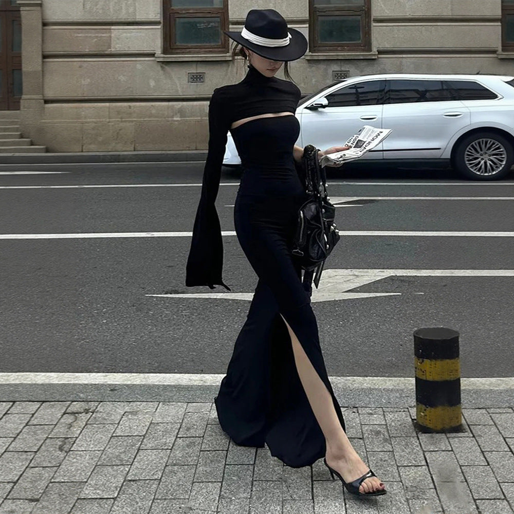 Damen Maxikleid Asymmetrischer Cut-Out Puffärmel Elegant