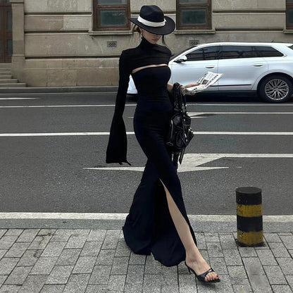 Damen Maxikleid Asymmetrischer Cut-Out Puffärmel Elegant