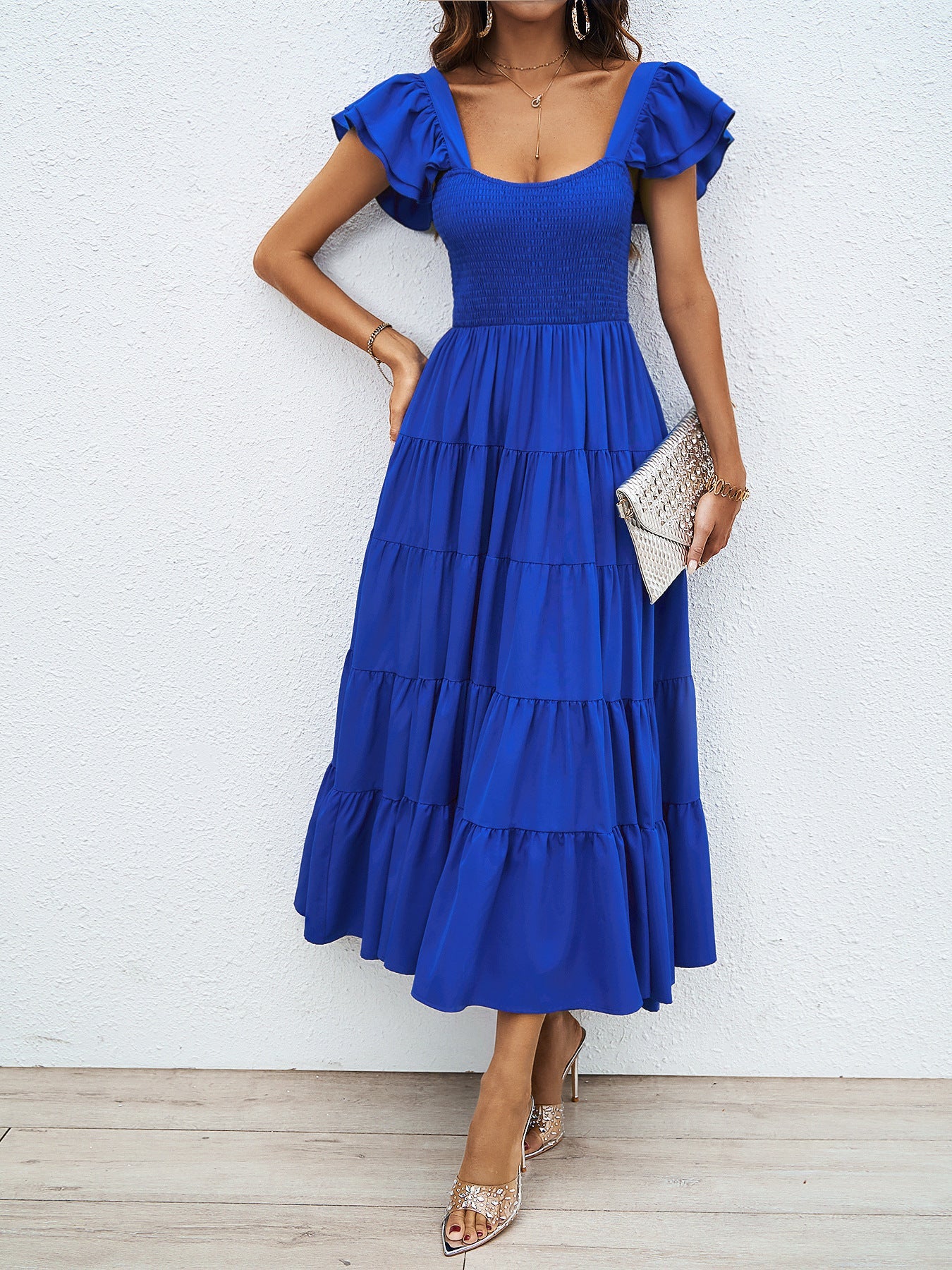 Damen Maxi-Kleid Voluminöse Puffärmel Gerafftes Oberteil