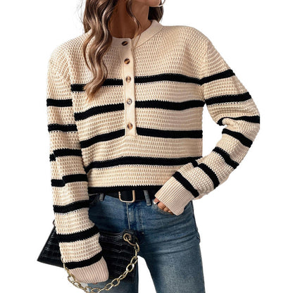 Damen Strickpullover Lässig Knopfleiste Gestreift