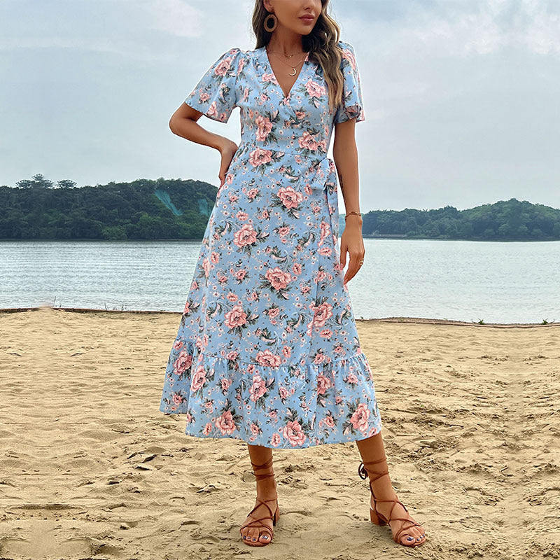 Damen Maxikleid Floral Rüschensaum Rosa - Eveloria