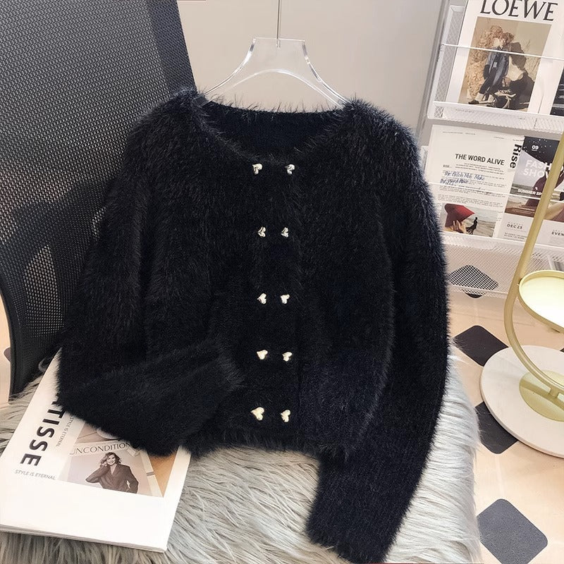 Damen Cardigan Flauschig Herzknöpfe