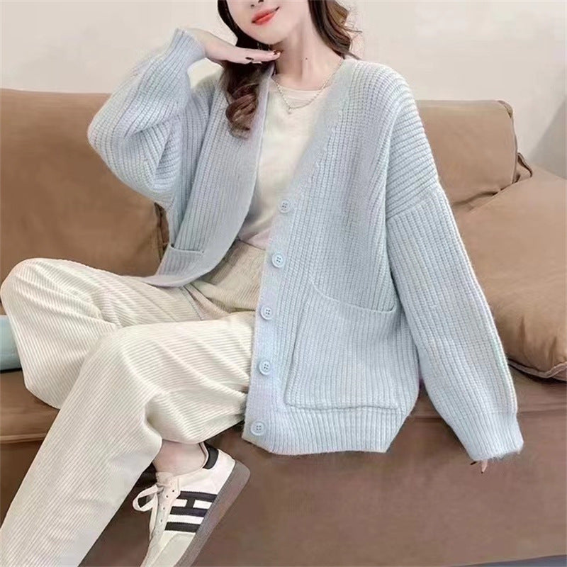 Damen Strickjacke V-Ausschnitt Kuschelig Mit Taschen Grau