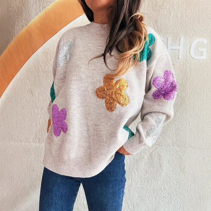 Damen Pullover Bunte Paillettenblumen Eveloria