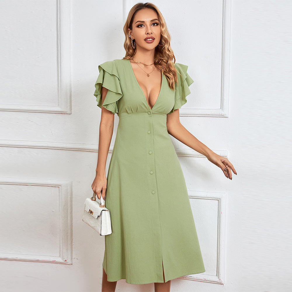 Damen Midikleid Rüschendetails Knopfleiste Eveloria