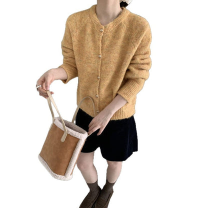 Damen Strickcardigan Flauschig Rundhals Echtknöpfe Beige