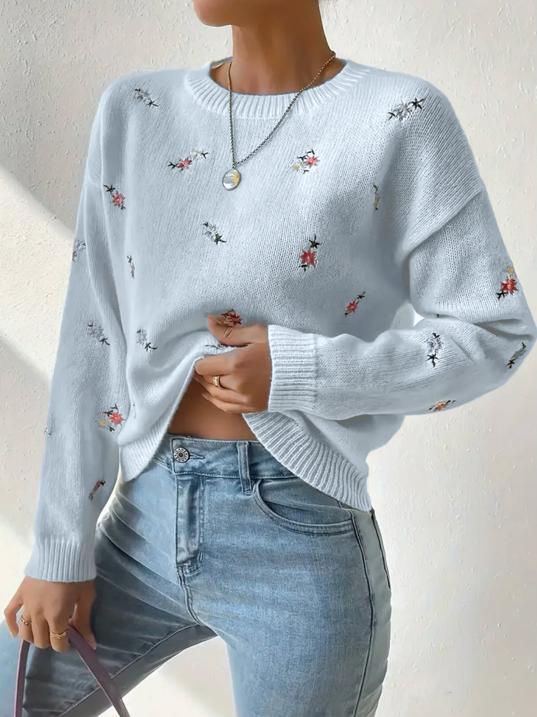Damen Pulli Floral Stickerei Lässig Eveloria